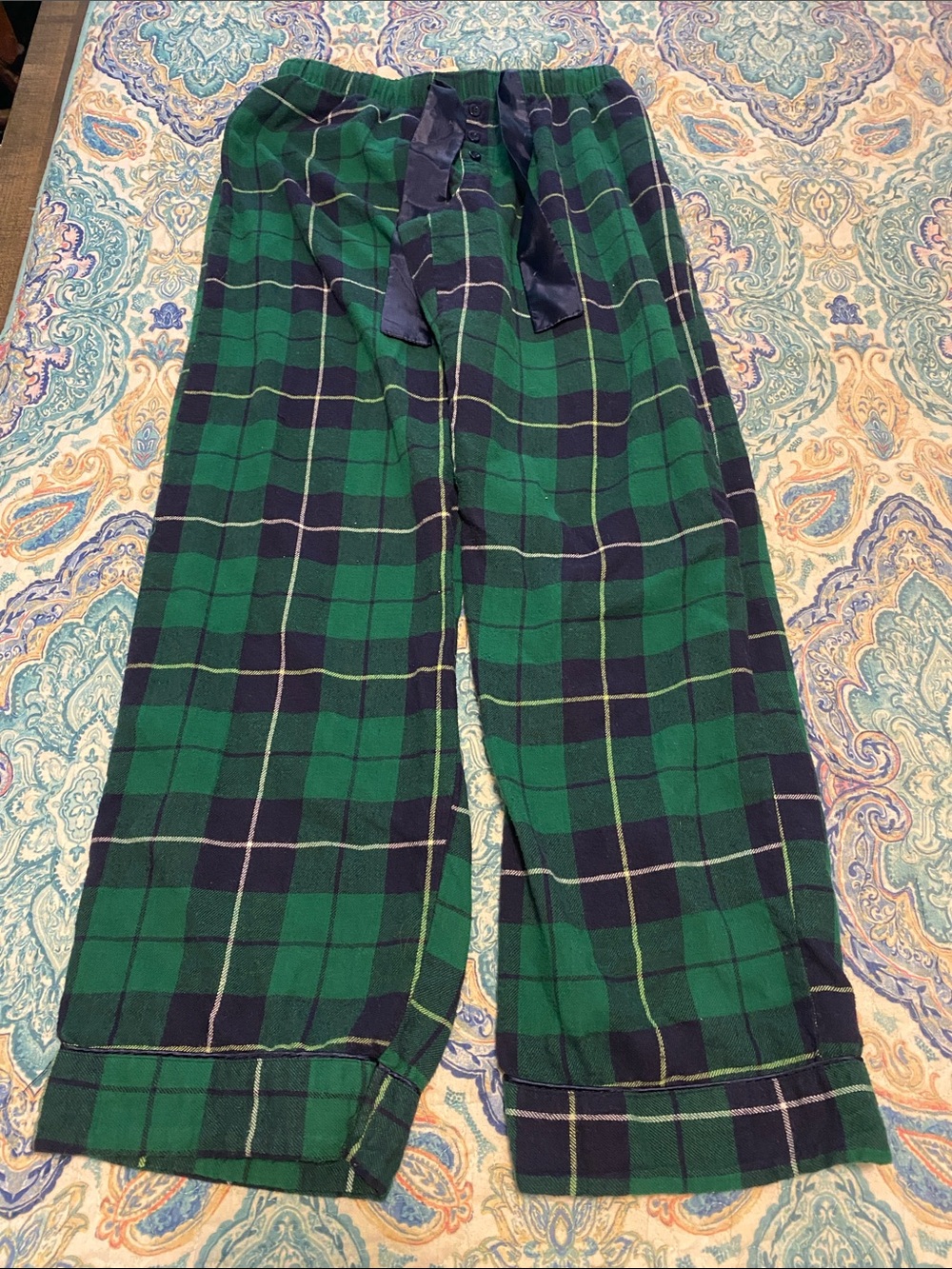 Kids Green Plaid Pajama Pants with Navy Trim